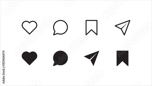 Instagram social media like comment share save icon collection in line style. Set of social network user interface button icons on white background. Vector illustration, eps10