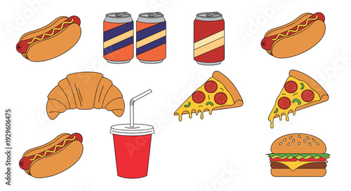 Assortment of fast food icons including hot dogs, soda cans, a croissant, pizza slices, a burger, and a soft drink with a straw.