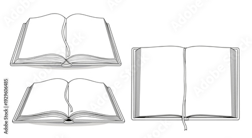 Group of open blank books with bookmarks and detailed line art illustrations suitable for educational and library themes.