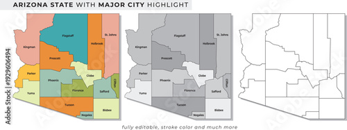 Arizona state with major city highlights and colorful map details in 3d perspective