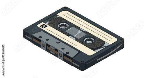Detailed isometric view of a classic black audio cassette tape with white labels used for analog music recording and playback.