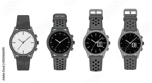 Set of four stylish wristwatches with different face colors and perforated straps presented in a clean and minimal design.