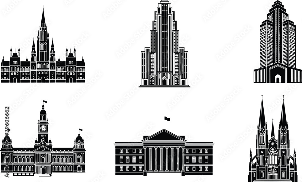 Obraz premium Historic and modern landmark buildings vector set, architectural city skyline silhouettes isolated on white background, detailed black and white illustration collection