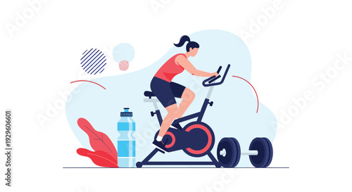 Active woman training on a stationary exercise bike in a home gym setting with a water bottle and dumbbells on the floor.