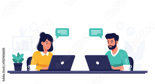 Man and woman working together on their laptops at a shared desk while enjoying cups of hot coffee in a bright office space.