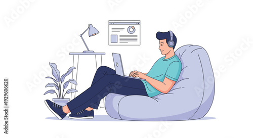 Man sitting in a bean bag chair and using a laptop for data analysis with a web browser interface and a desk lamp nearby.