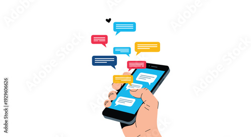 Hand holding a black smartphone with several colorful message bubbles floating above it to represent mobile communication.