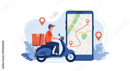 Delivery man on a blue scooter carrying a parcel next to a large smartphone showing a city map with location pins and route.