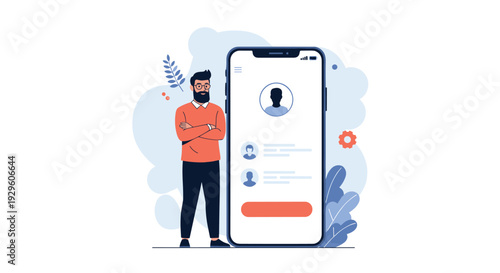 Professional man standing with arms crossed next to a giant smartphone displaying a user profile interface with various icons.