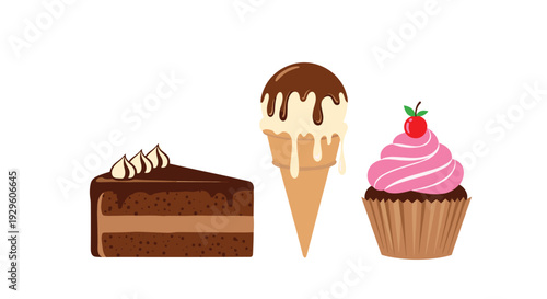 Illustration of three popular desserts including a slice of chocolate cake, a vanilla ice cream cone, and a pink cupcake.