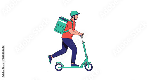 Fast food delivery man riding a green kick scooter with a large green delivery backpack on his back for efficient transport.