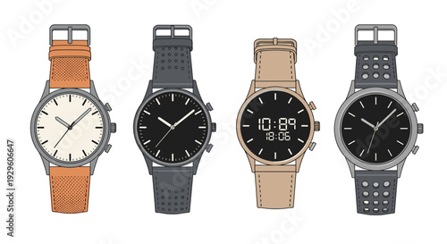 Four different stylish wristwatches with leather and perforated straps arranged side by side on a clean white background.