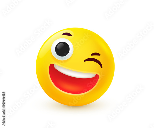 Happy winking emoji with wide open smile and teeth. 3d mesh vector style of yellow winking emoticon for chat communication and social media. Joyful face expression and positive emotion on white