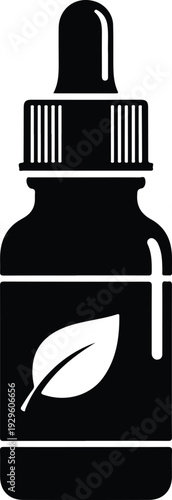 Organic herbal essential oil dropper bottle with leaf symbol icon vector illustration