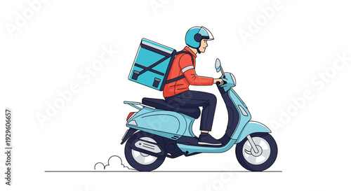 Delivery person wearing a protective helmet and riding a light blue motor scooter with a large delivery bag on the back.