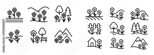 Nature landscape icons with flowers trees and hills.