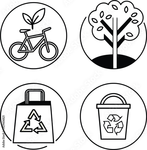 Eco-Friendly Lifestyle Vector Set with Bicycle Planting Trees Recycling Bin and Reusable Shopping Bag for Green Design