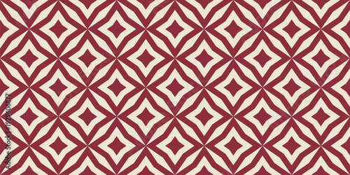 Abstract geometric floral seamless pattern. Vector background in maroon and beige color. Simple oriental ornament. Elegant texture with diamond shapes, stars, rhombuses, grid. Repeating geo design