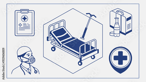 Medical icons set including doctor and hospital equipment