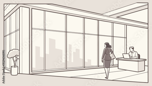 Businesswoman arriving at modern office with city view