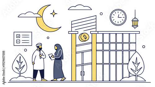 Business professionals discussing finance under starry night sky