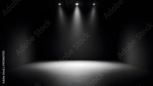 Illuminated Stage: A dark studio stage bathed in the radiant glow of three spotlights, creating a dramatic sense of anticipation and focus.