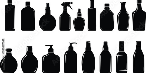 Cosmetic bottle silhouette set, shampoo lotion spray and pump containers collection, black packaging mockup vector illustration
