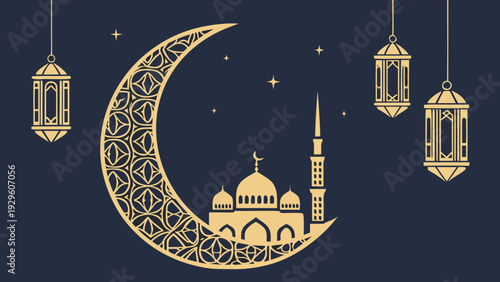 Elegant crescent moon with mosque and lanterns for Ramadan