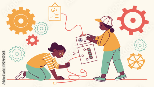 Two diverse women working on robotics project with colorful gears