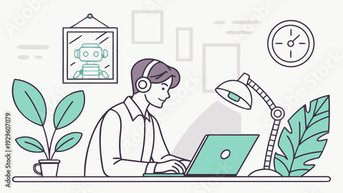 Remote worker wearing headphones focused on laptop in modern workspace