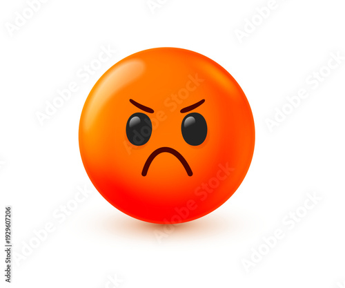 Red angry emoji with frowning eyebrows, mad emoticon with frustrated face expression for anger and stress. 3d mesh vector of furious and aggressive character for conflict and rage reaction on white