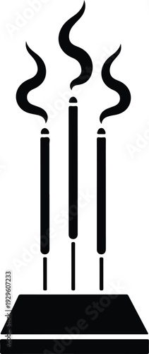 Three burning incense sticks with smoke in a minimalist holder vector illustration