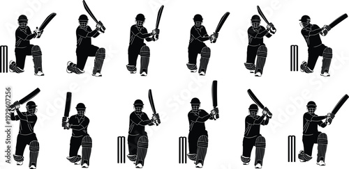 Cricket player batting silhouettes collection, professional batsman in action poses isolated sports illustration set with wicket