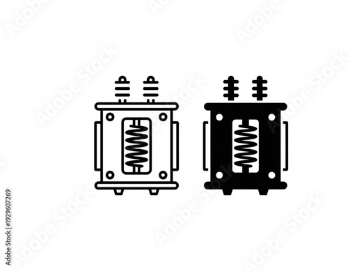 Two types of electrical transformers with different terminal configurations shown in black and white isolated on transparent background