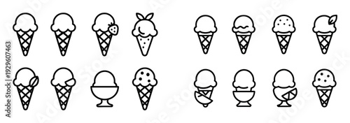 Line illustrations of ice cream cones and scoops