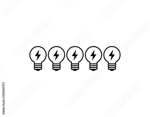 Four light bulbs with electrified filaments representing ideas or innovation isolated on transparent background