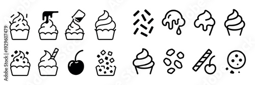 Line art dessert and cupcake icons and toppings