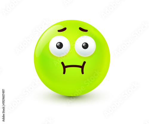 Sick green emoji feeling nauseous, unhappy emoticon with wide open eyes. 3d mesh vector style illustration of puke and food poisoning face for sea sickness, health problem and illness on white