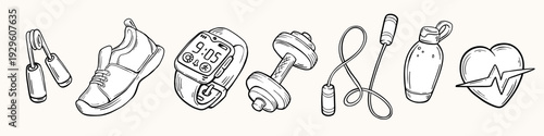 Hand drawn sports equipment set in line art style with sneaker, fitness tracker and dumbbell. Minimalist vector icons of jump rope, water bottle, expander, smart watch and heart with pulse for fitness