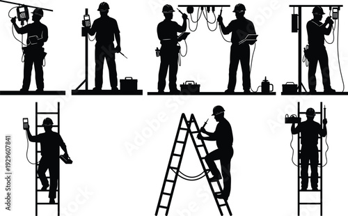 Electrician worker silhouettes set, electrical maintenance and wiring technician illustration isolated on white background