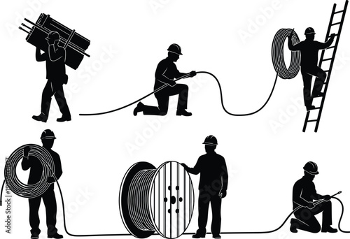 Electrician worker silhouettes set, industrial cable installation team with ladder and wire reel isolated on white background vector illustration