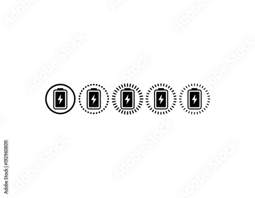 Five stylized icons of a stylus tool in circular frames with dotted borders isolated on transparent background