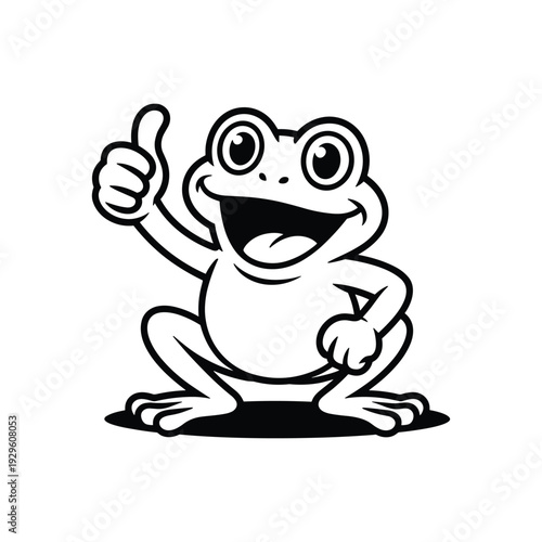 Funny frog character laughing with open mouth and thumb up sign black and white drawing