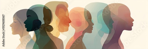 Overlapping silhouettes of diverse individuals in profile, creating a spectrum of colors
