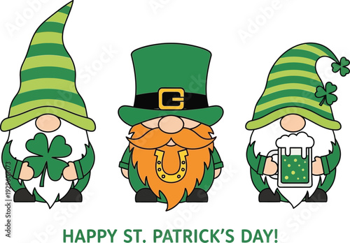 Three st patricks day gnomes with shamrock, leprechaun hat, beer mug illustration