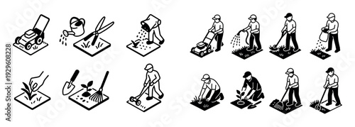 Garden maintenance tools and worker icons