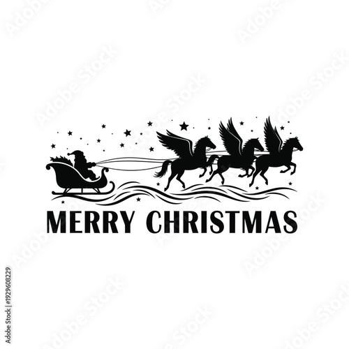 Merry christmas with santa claus in sleigh pulled by flying pegasus horse team, stars on white background, vector illustration