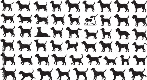Dog Silhouette Mega Set, Large Collection of Puppy Poses and Breeds, Vector Black Canines Standing, Walking, and Sitting Isolated on White.