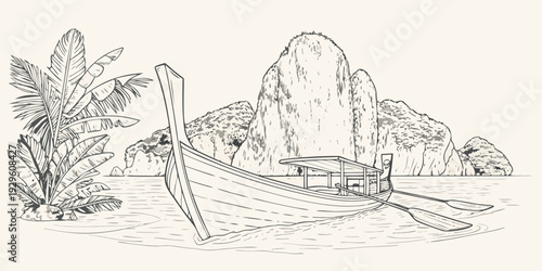 A sketched tropical scene featuring a longtail boat and limestone karsts