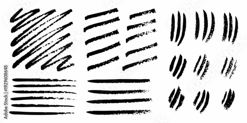 Collection of abstract black brush strokes and paint splatters